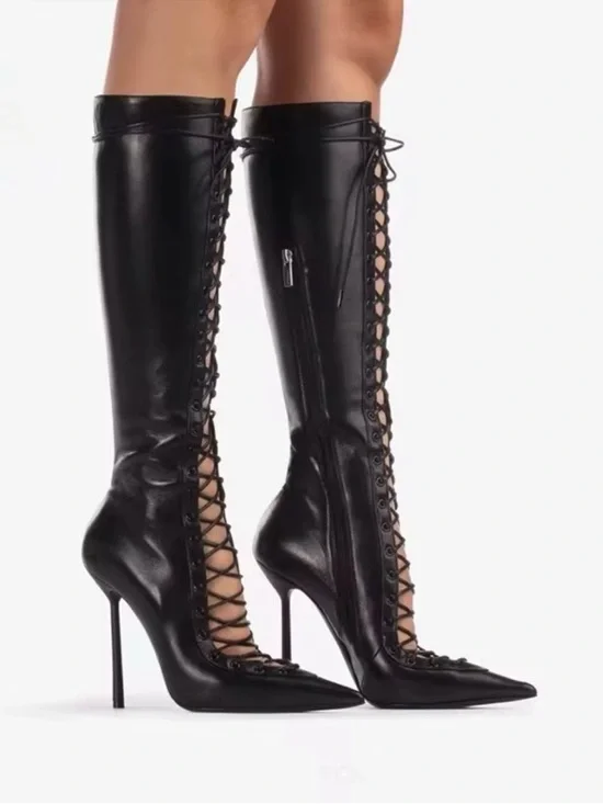 Women's Black Lace-Up Knee-High Stiletto Boots - Picture 1 of 3